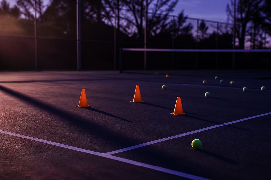 Orange cones arranged in a triangle just inside the baseline of a tennis court with scattered tennis balls