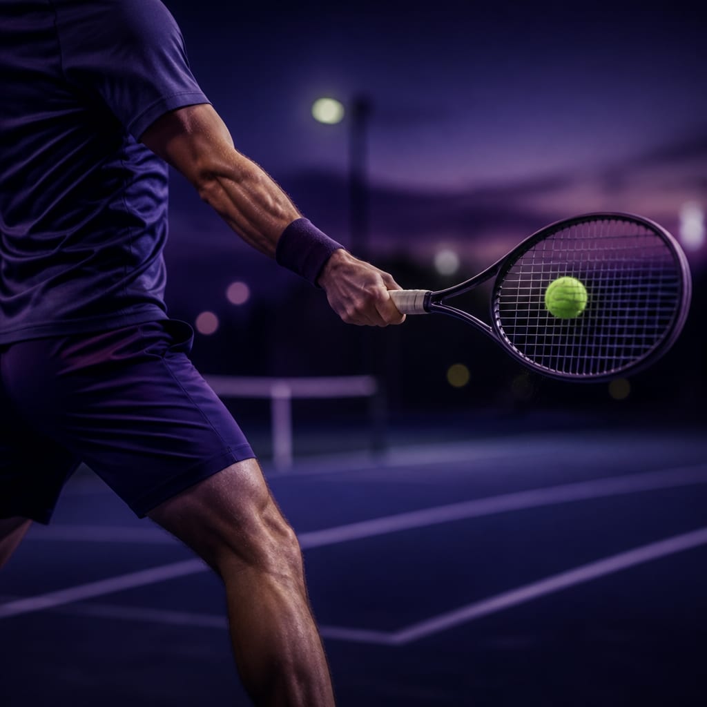 A forehand at contact with the ball meeting the strings in front of the leading hip