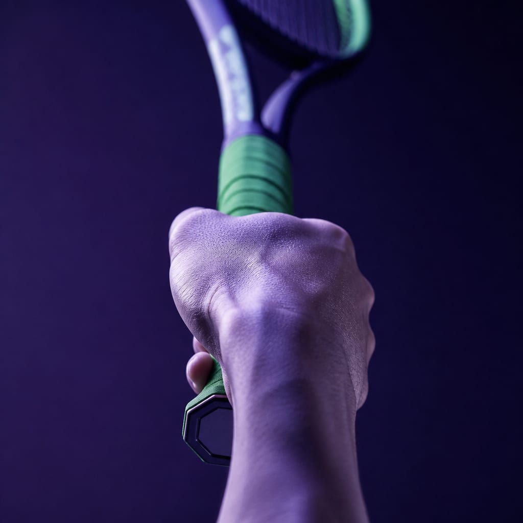 A hand holding a racquet handle in an eastern forehand grip, with the octagonal bevels and the index-finger base knuckle position visible
