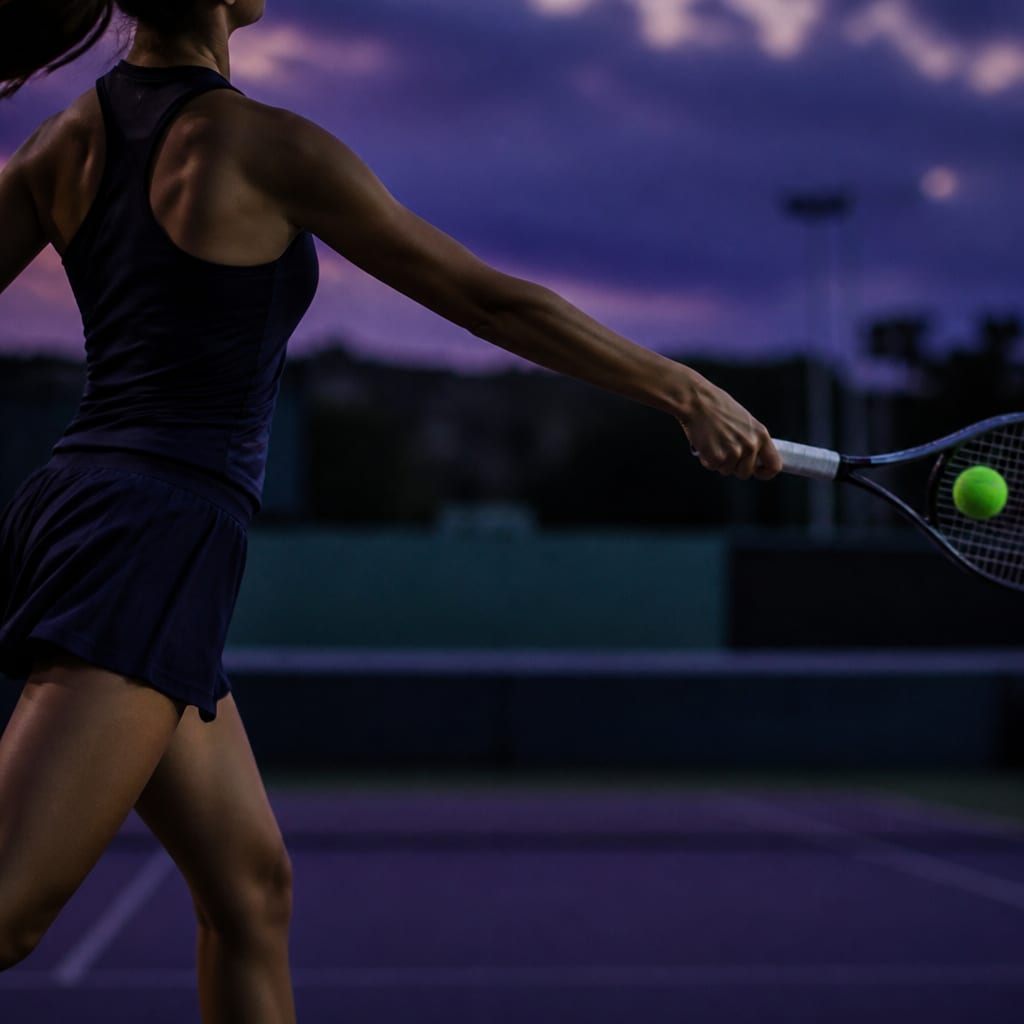 A one-handed backhand at contact with the hitting arm completely straight and the non-hitting arm swept back behind the body