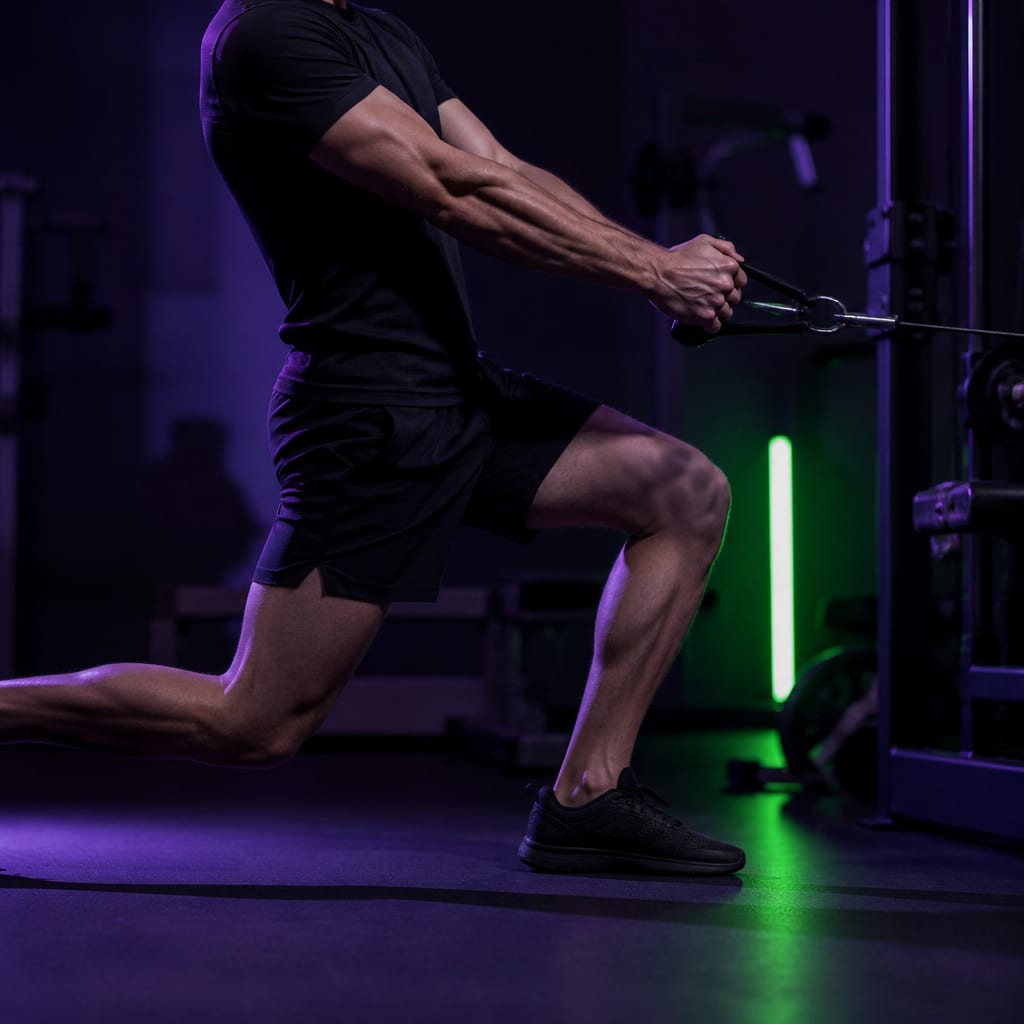 A cable rotational row performed from an athletic single-leg stance with the torso rotating and the hips loaded