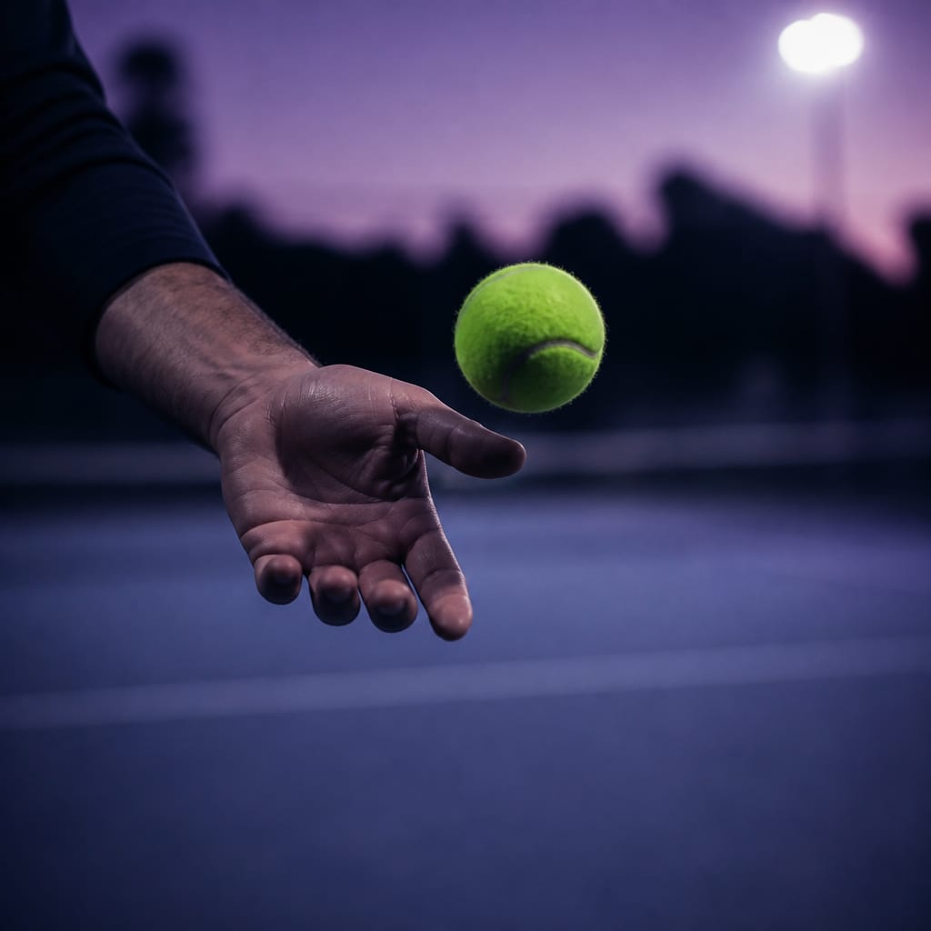 A hand releasing a tennis ball underarm toward the camera, the ball just leaving the open palm