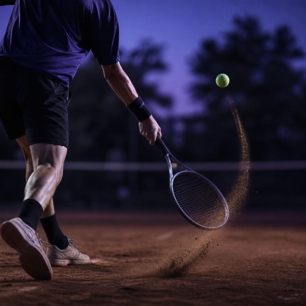 A forehand mid-swing with the racquet head below the ball travelling steeply upward, with clay dust kicked up