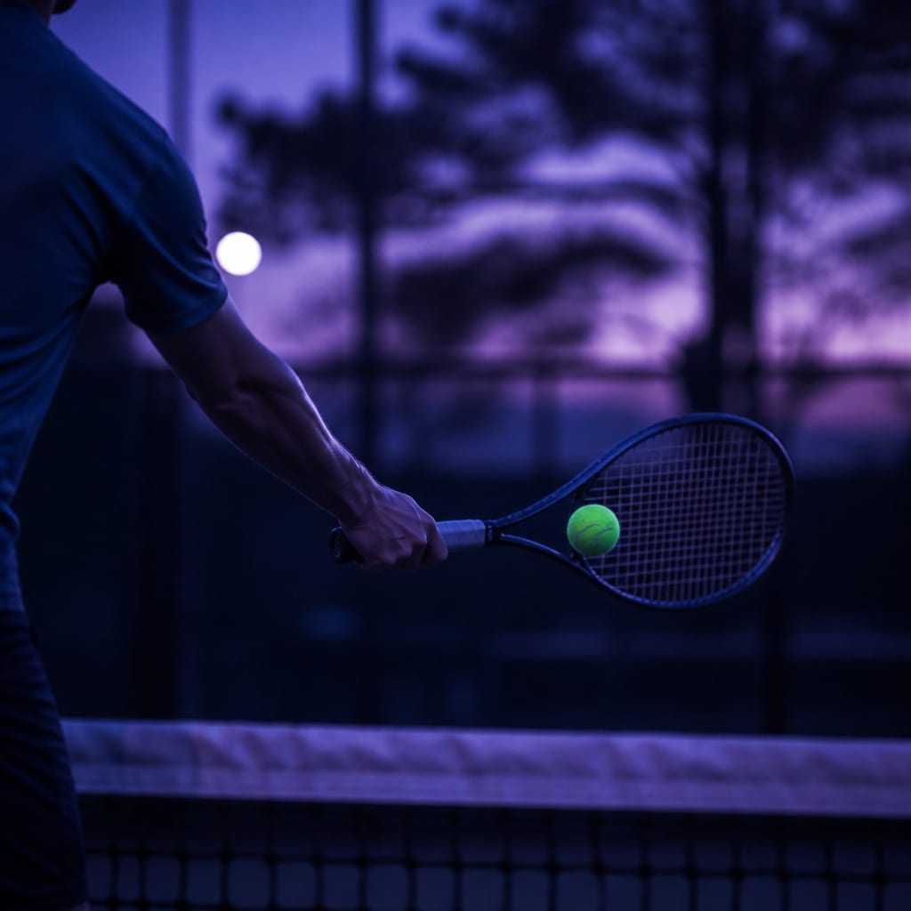 A forehand volley with a very short backswing, the racquet face open and firm and the ball just off the strings